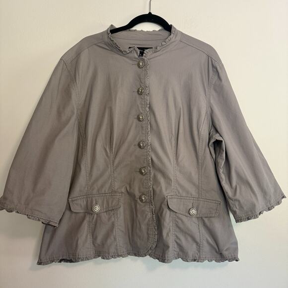 Christiana Zinn Jackets & Blazers - Christiana Zinn Gray Button Up Jacket 3/4 Sleeve Ruffled Edges 3X